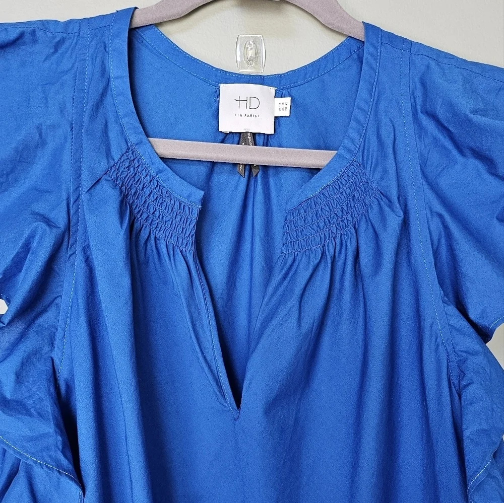 HD in Paris by Anthropologie Royal Blue Ruffle Sleeve Ruched V Neck, Size 10 - Picture 4 of 9